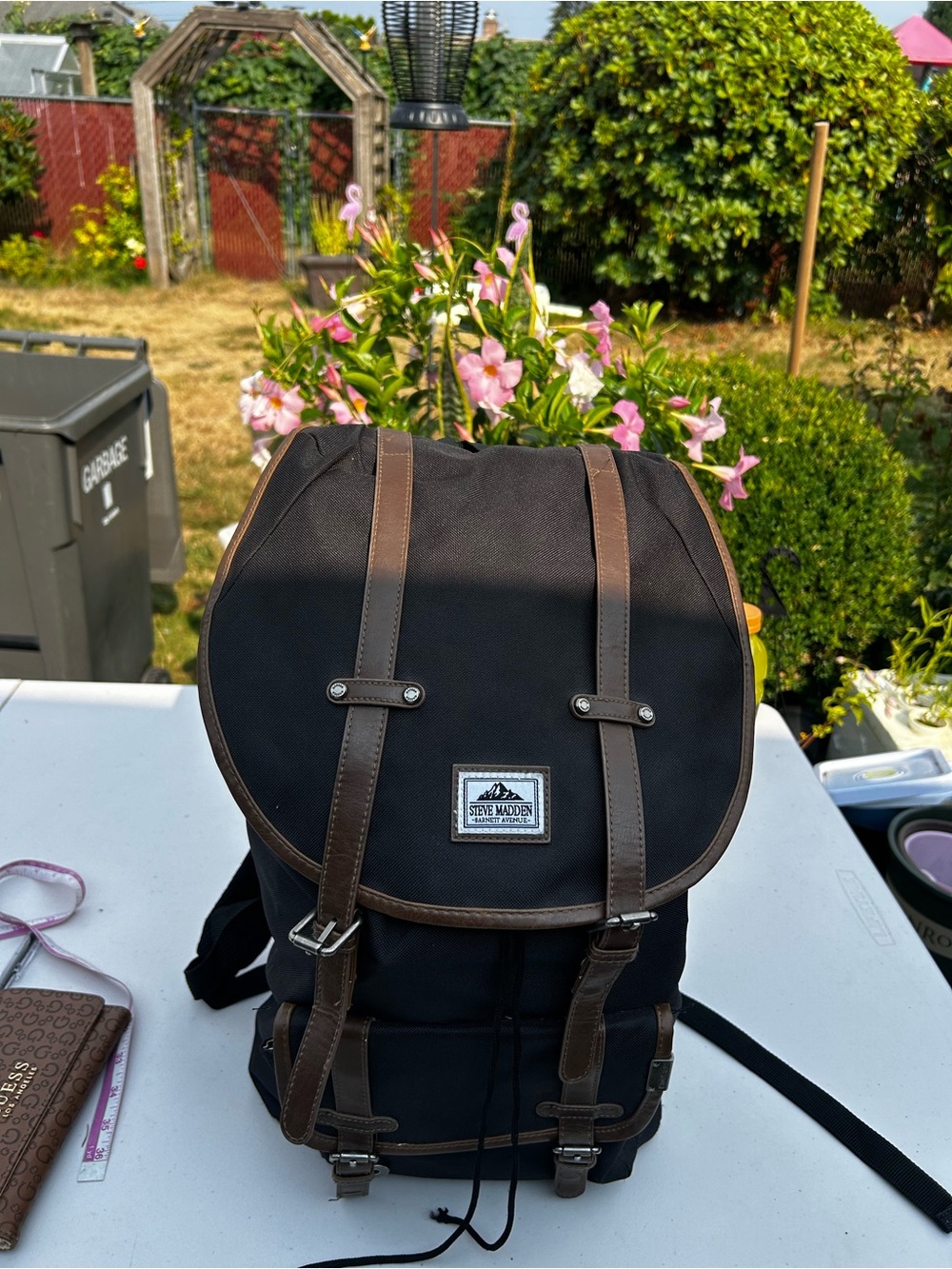 Steve Madden Black Backpack with Brown Trim and Buckle Straps